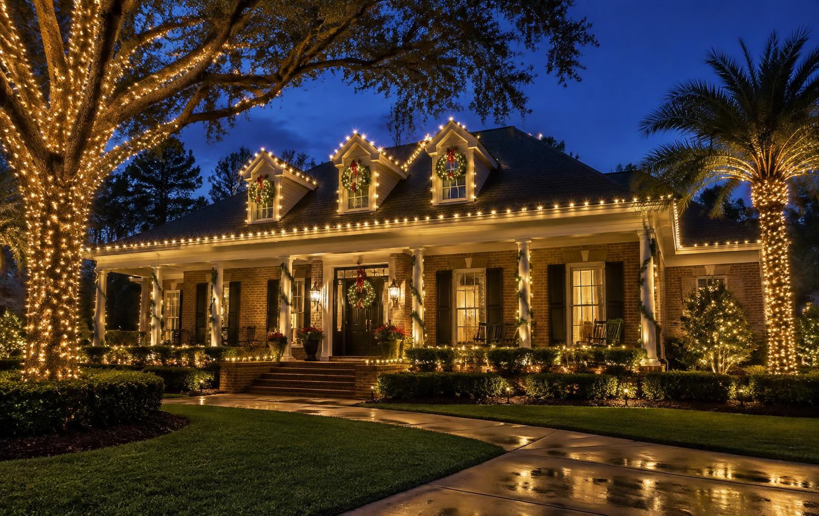 Chalmette, LA home with professional warm white Christmas light installation on the roofline and wrapped oak trees